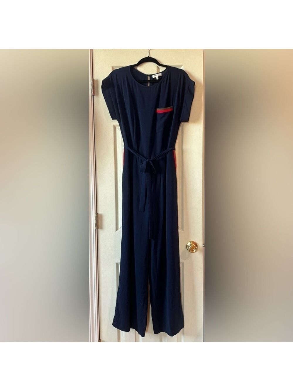 monteau Los Angeles Navy Jumpsuit Wide Leg Cap Sleeve Front & Side Pockets Sz L